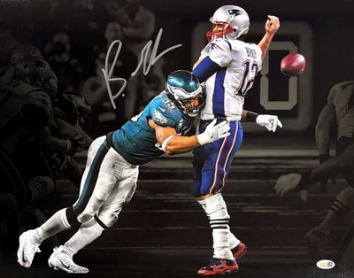 Brandon Graham Firmado 16x20 Águilas Tom Brady Tira Saco Foco Foto JSA QR Foto 1 de 2