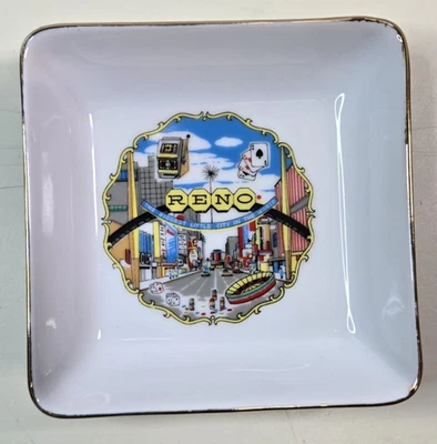 Vintage Tourism Souvenir Reno Nevada Glass Ashtray Plate Gold Tone Rimmed - Image 1 of 4