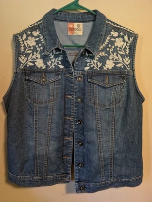 Ruff Hewn Floral Embroidered Denim Vest Western Boho Blue Sleeveless LARGE - Image 1 of 4