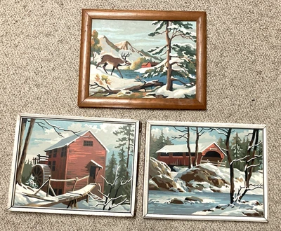 VINTAGE 1950s PAINT by NUMBER WINTER SNOW SCENE PAINTINGS-3 FRAMED RED BARN PICs - Image 1 of 4