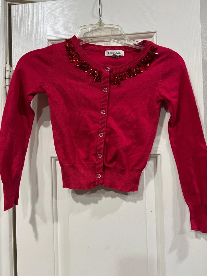 Cherokee Girls Red Cardigan Sweater 4/5 Beaded Neckline Button Front Holiday - Image 1 of 4