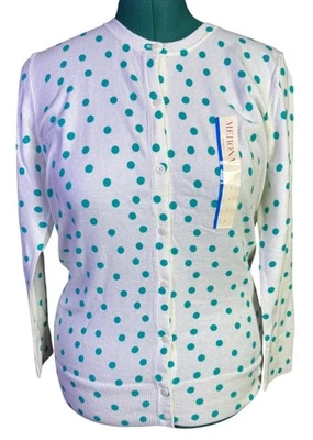 Cárdigan suéter Merona blanco y verde azulado a lunares mujer grande manga larga nuevo con etiquetas Foto 1 de 4