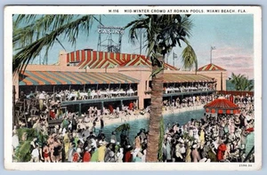 1920's WINTER CROWD at CASINO ROMAN POOLS MIAMI BEACH FLORIDA ANTIQUE POSTCARD - Picture 1 of 2