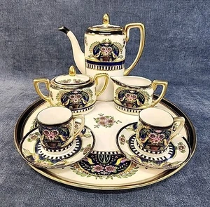 Antique 6-Piece Noritake Hand Painted Cobalt Pheasant Demitasse Coffee Set u-11H - Picture 1 of 10