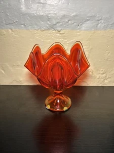 Vintage Viking Orange Glass 6 Petal Hankerchief Pedestal Bowl Vase *Base GLOWS* - Picture 1 of 9