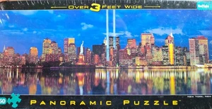 New New York City Skyline Twin Towers beams of light 750 Piece Panoramic Puzzle - Picture 1 of 5