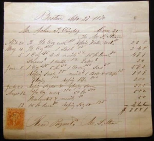 1870 MANUSCRIPT BOSTON COVE STREET CARPENTRY DETAILED BILLING WITH REVENUE STAMP - Picture 1 of 3