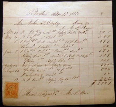 1870 MANUSCRIPT BOSTON COVE STREET CARPENTRY DETAILED BILLING WITH REVENUE STAMP - Image 1 of 3