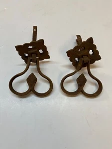 Pair Early Ornamental Iron Drop Handles w/Cast iron decorative backplate~ HW112 - Picture 1 of 8