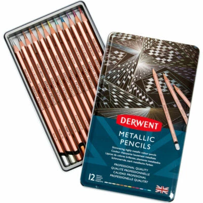 Derwent Metallic Pencil Tin Set of 12 - Shimmering Colours - NEW FORMULATION - Image 1 of 3