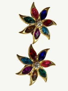Gold-Tone Multicolor Gem Flower Clip-On Vintage Earrings - Picture 1 of 9