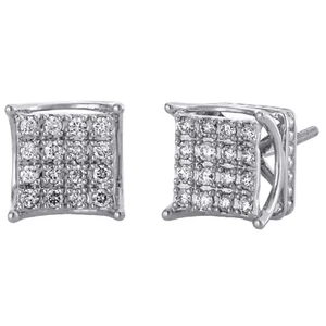 10K White Gold Round Diamond 4 Prong 3D Square 9.75mm Stud Earrings 0.50 CT - Picture 1 of 5