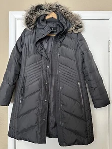LONDON FOG INSULATED PUFFER COAT WOMEN MEDIUM GRAY FAUX FUR TRIM REMOVABLE HOOD - Picture 1 of 3