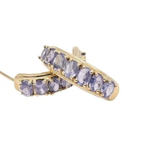 14K Yellow Gold Oval Tanzanite Big Band Half Hoop Earrings 3.2 Grams Large Blue - Picture 1 of 10