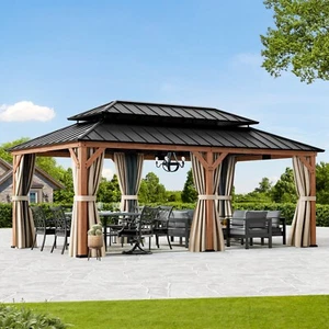 12'x20' Cedar Wood Gazebo Wooden Hardtop Gazebos with Dual Metal Roof,Curtains - Picture 1 of 10