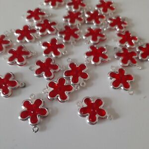 Job Lot Of 25 Pieces Of Red Flower Bead Spacers Double Sided Alloy/Acrylic 12mm