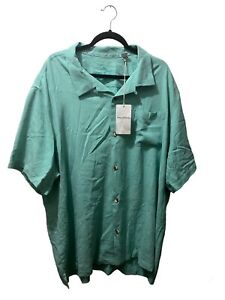 Tommy Bahama 100% Silk Floral Embossed Mint Green Short Sleeve Button Size XXXL