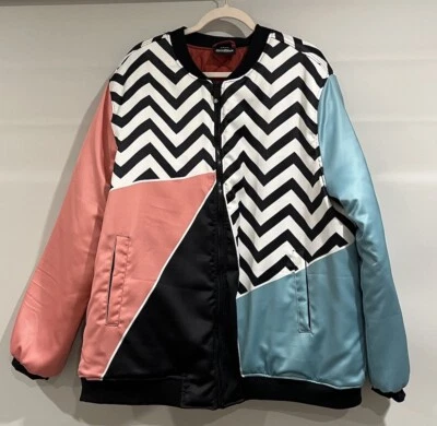 Fresh Hoods Bomber Jacket Retro Pattern Aqua Pink Black White 3XL Mens - image 1 of 4