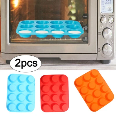 2X Silicone Muffin Yorkshire Pudding Mould Bakeware Large 12Cup Cake Baking Tray - image 1 of 4