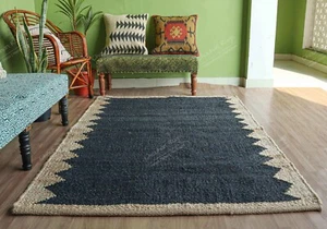 Indischer Hanf rechteckiger Jute Ru, schwarz mit beige Randteppich Vintage Teppich Dekorteppich - Bild 1 von 8