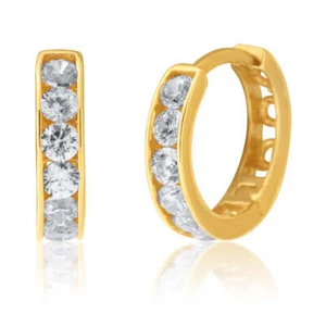 White Zirconia 10mm Huggie Earrings in 9ct Yellow Gold - Picture 1 of 2