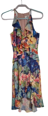 Vestido Badgley Mischka Belle para mujer con volantes sin mangas multicolor floral talla 2 Foto 1 de 4
