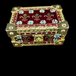 Keren Kopal Gold/Red Trunk Trinket Box Fleur De Lis Swarovski Crystals #BX1372 - Picture 1 of 7