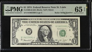 1974 $1 FRN St. Louis PMG 65 EPQ ⭐ Radar Serial Number H19655691A GEM Birth Year - Picture 1 of 3
