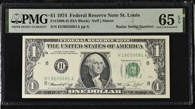 1974 $1 FRN St. Louis PMG 65 EPQ ⭐ Radar Serial Number H19655691A GEM Birth Year - Image 1 of 3