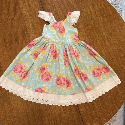 Kelly's Kids White eyelet Cotton Floral Dress Pink roses Girl's Sz 5/6  - Image 1 of 4
