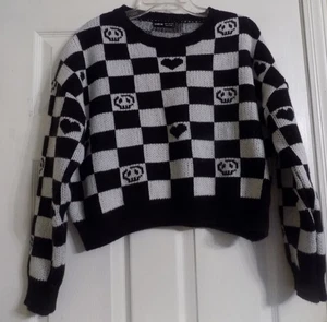 Women's SHEIN Black And White Checks Thick Knit Sweater Size 6 Skulls And Hearts - Picture 1 of 3