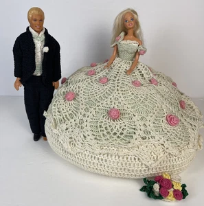 Vintage Barbie Ken Wedding Dress Set Handmade Crochet Doll Married Tuxedo Flower - Picture 1 of 18