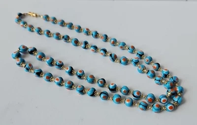 Vintage Murano Art Glass Millefiori Beaded Necklace  Aqua Orange Sunburst Star - Image 1 of 4
