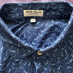 Peter Millar polo shirt large men's blue with sharks Landfall logo poly blend - Picture 1 of 4