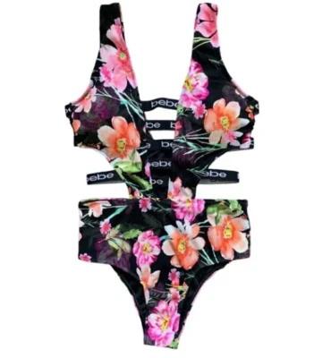 Купальник цельный BEBE черный с цветочным узором с ремешками вырез по бокам логотип Bebe размер S - Изображение 1 из 4