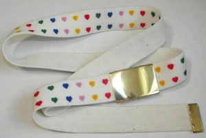Vtg New old stock white multi-color hearts brass elastic belt fits up to 37" ~T - Picture 1 of 4
