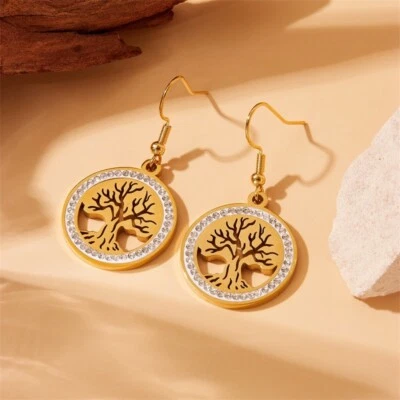 Gancho colgante para mujer enchapado en oro de 18 quilates de acero inoxidable Life of Tree circonita cúbica Foto 1 de 4