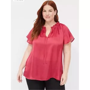 Blusa Lane Bryant Manga Acampanada Volantes Escote Corbata Frontal Roja Talla Grande 26/28 - Imagen 1 de 6