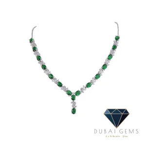 White Gold Oval Emerald Green Necklace with Created Diamonds in Gift Box - Picture 1 of 7