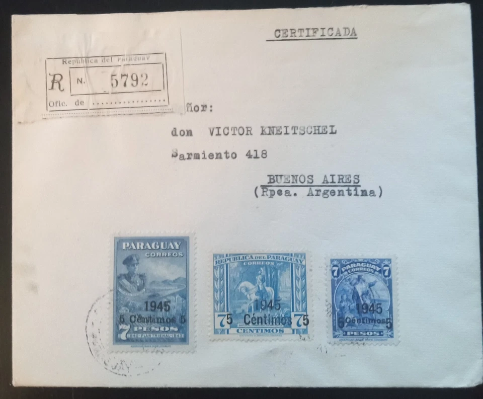 Paraguay (Kneitschel 487e-489e) Scott 427-429 on reg. cover -  black color error - Image 1 of 1