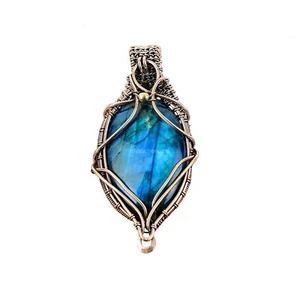 Copper Oval Natural Neon Flash Labradorite Valentine's Day Christmas Pendant - Picture 1 of 7