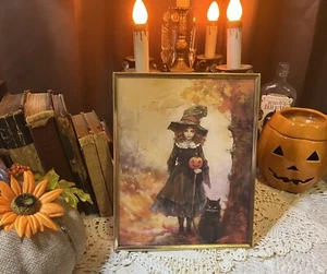 Little Witch, Halloween, Witchy Black Cat, Pumpkin, Vintage Framed Print #6 - Picture 1 of 5