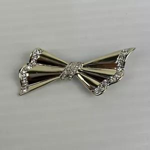 Vintage Estate Art Deco Brooch Gold Tone Bow with Bling - Picture 1 of 12