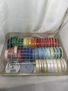 Lot Of 50+ Craft Ribbon Mixed Lot Mostly Offray Spool O' Ribbon In Storage Box - Picture 1 of 8