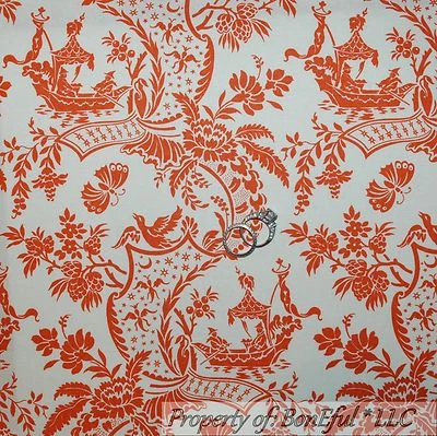 BonEful Fabric FQ Cotton Quilt Orange Asian Boat Toile Flower Bird Print Boho FL - Image 1 of 4
