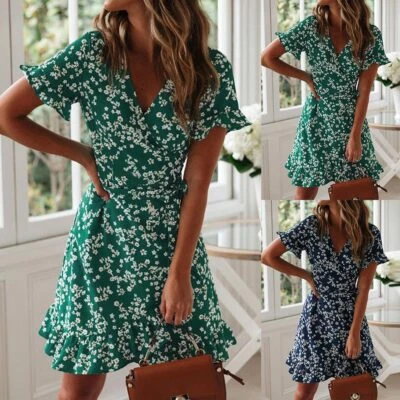 Mini vestido suelto informal de verano para mujer con cuello en V floral manga corta Foto 1 de 4