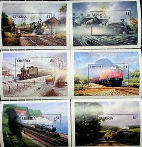 LIBERIA: SET OF 6 DIFFERENT SOUVENIR SHEETLETS OF TRAINS. MNH + OG - Picture 1 of 1