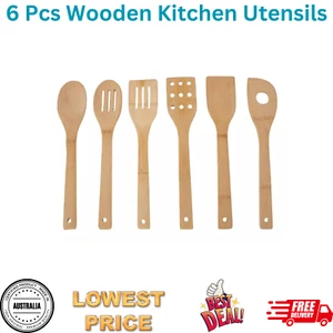 6pcs Wooden Bamboo Kitchen Cooking Utensils Spoons & Spatula Food Mixer Mixing - Picture 1 of 12