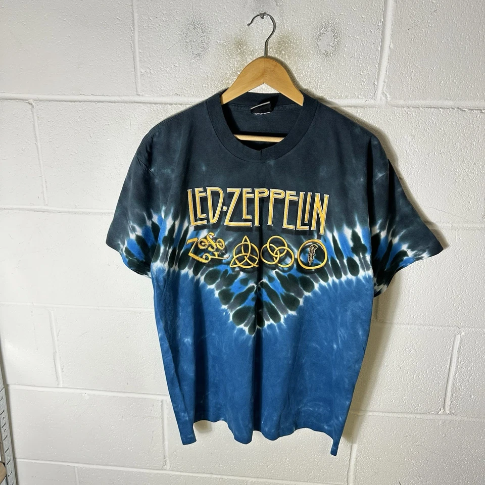 Camisa masculina vintage Led Zeppelin grande azul líquido azul corante banda AOP 2004 - Imagem 1 de 4