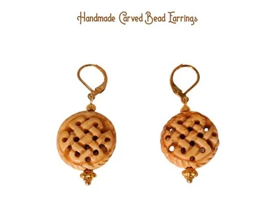 Vintage Chinese Earrings - Hand Carved Beaded Earrings - Asian Vintage Jewelry - Image 1 of 3